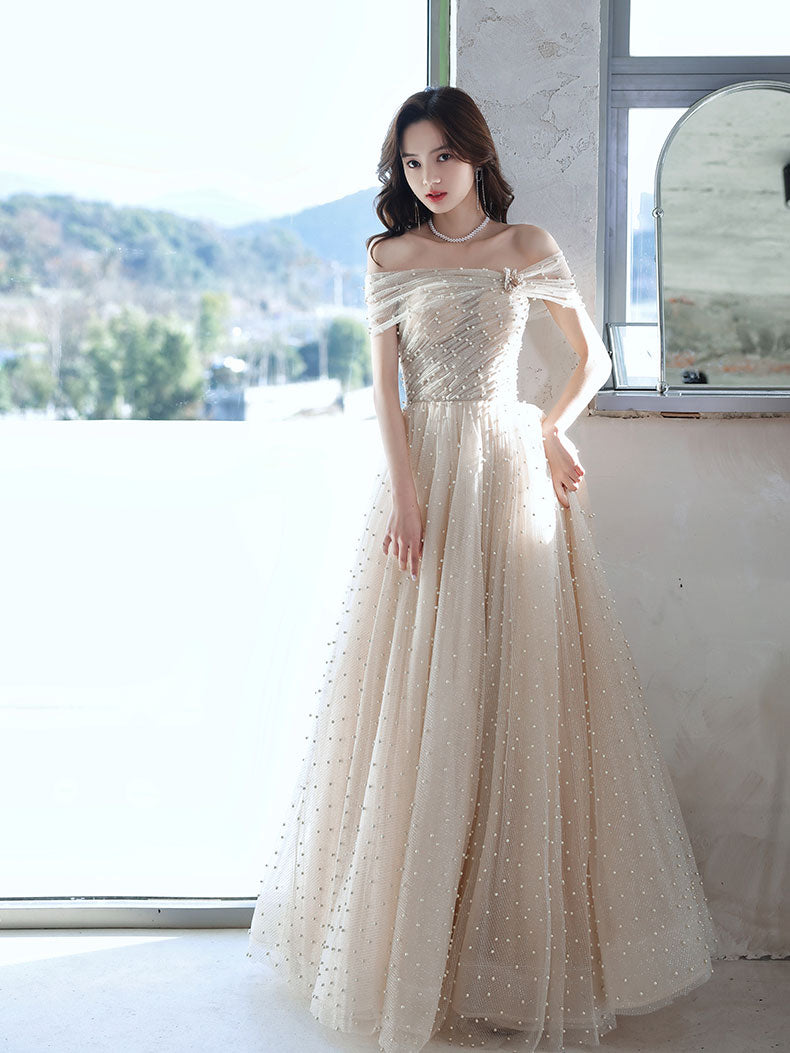 Champagne Tulle Beads Long Prom Dress Champagne Formal Dress