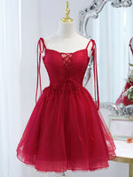 Cute Burgundy Tulle Lace Short Prom Dress, Lace Burgundy Puffy Homecoming Dress