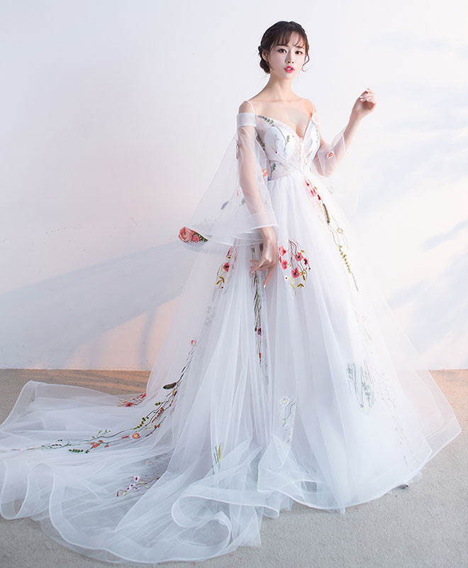 White Tulle Applique Long Prom Dress, White Evening Dress US 16 / White