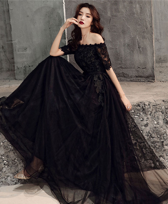 Black Tulle Lace Long Prom Dress, Black Tulle Evening Dress – shopluu