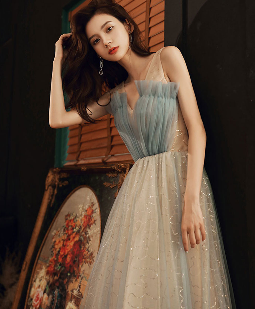 Blue V Neck Tulle Long Prom Dress, Blue Tulle Formal Dress with Sequin