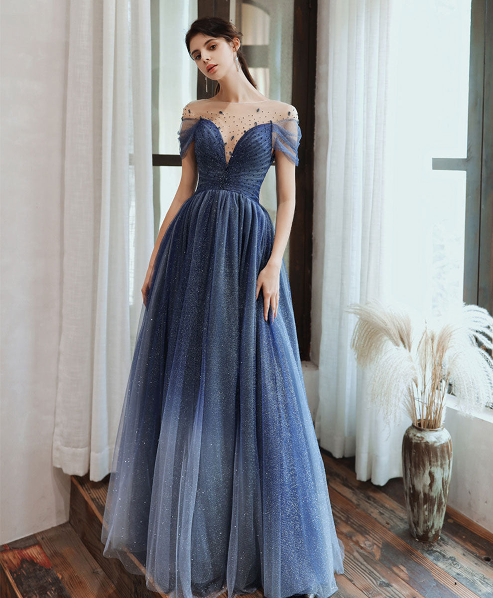 Blue Tulle Off Shoulder Sequin Long Prom Dress Blue Evening Dress