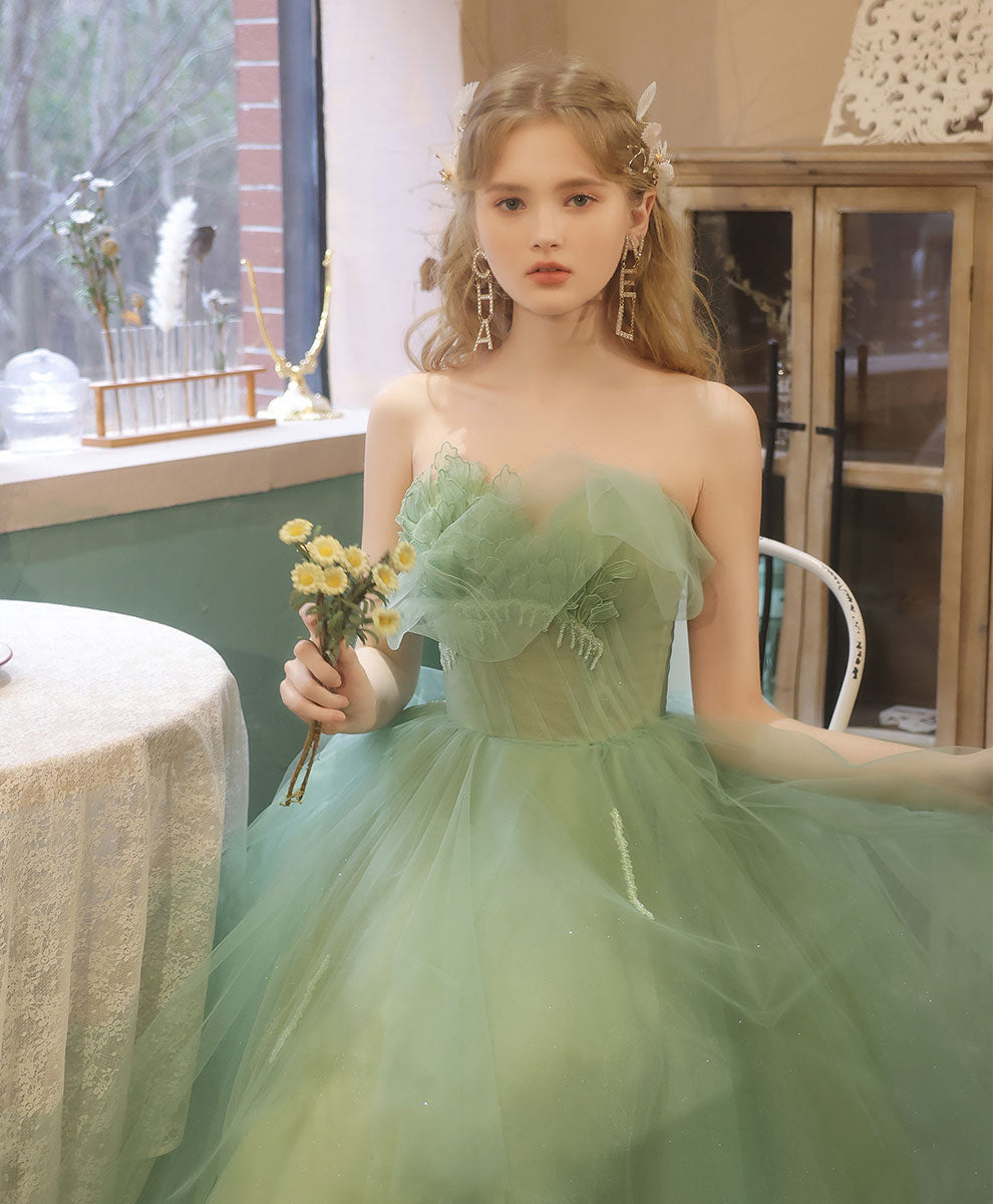 shopluu Aline Tulle Tea Length Green Prom Dress, Green Puffy Homecoming Dresses with Lace Applique Beading US 8 / Custom Color