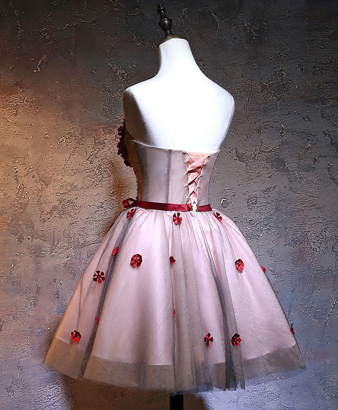 Burgundy Sweetheart Neck Lace Short Prom Dress, Burgundy Homecoming Dress