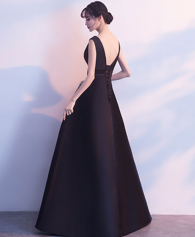 Simple Black V Neck Satin Long Prom Dress, Black Bridesmaid Dress