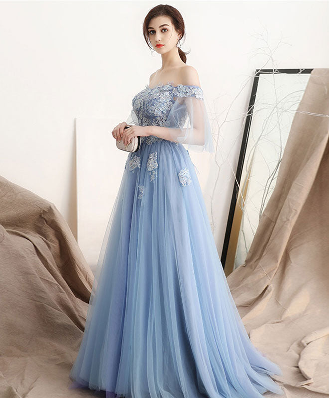 A-Line Blue Off Shoulder Tulle Long Prom Dress, Blue Evening Dress