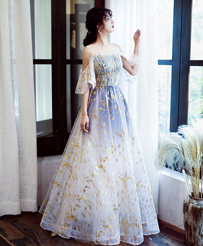A-Line Tulle Off Lace Long Prom Dress Tulle Formal Dress