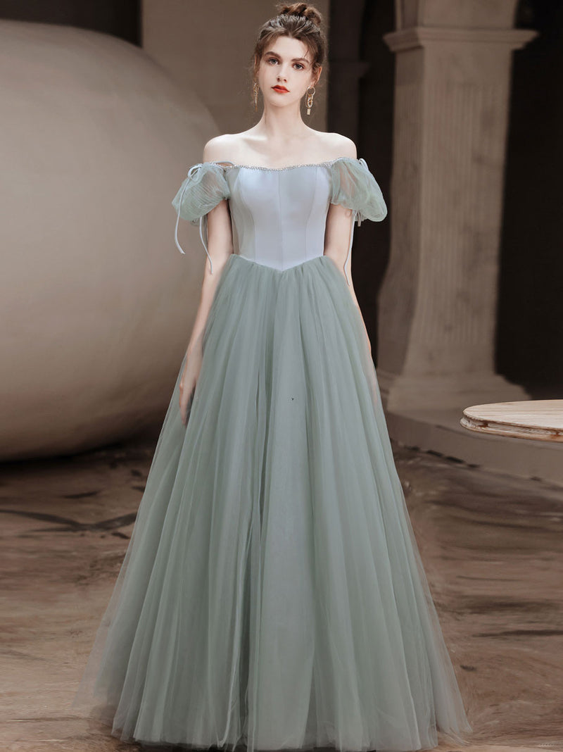 Simple Gray Green Tulle Long Prom Dress, Gray Green Evening Dress