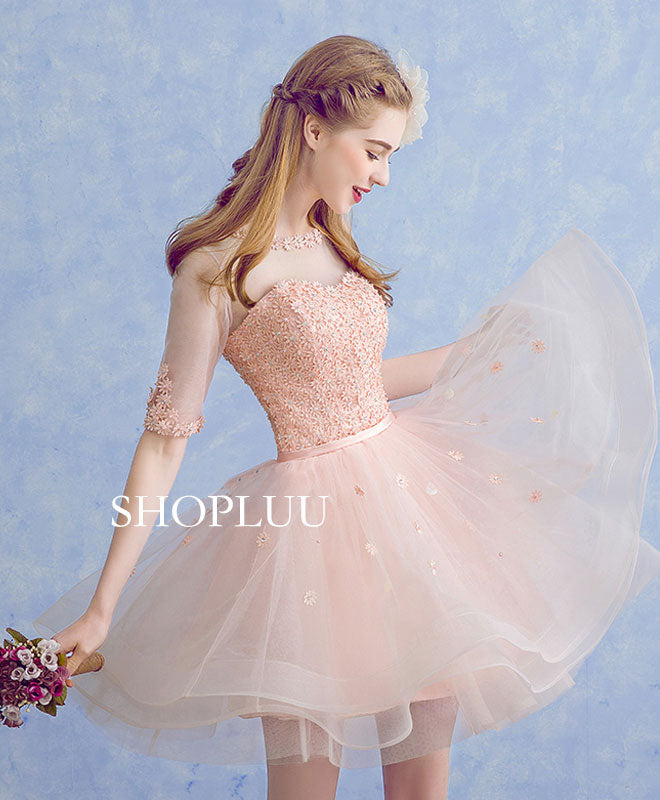 Cute Round Neck Tulle Applique Short Prom Dress, Pink Homecoming Dress