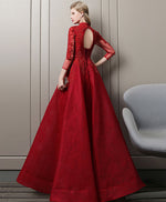 Burgundy Lace Long Prom Dress, Burgundy Evening Dress