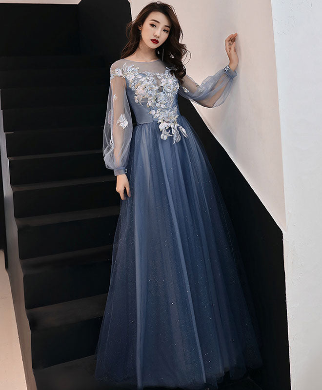 Blue Round Neck Tulle Lace Long Prom Dress Blue Formal Dress – shopluu