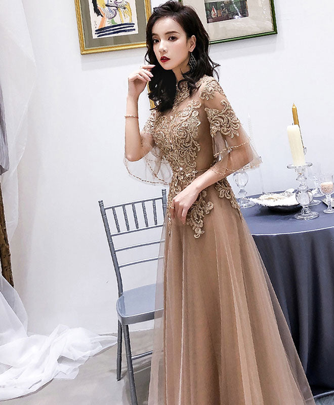 Champagne High Neck Tulle Lace Long Prom Dress, Champagne Evening Dress
