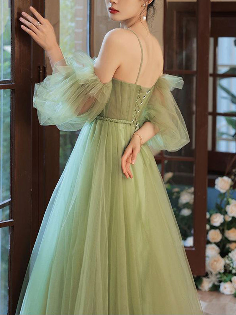 tulle bridesmaid dress green Azazie Roni