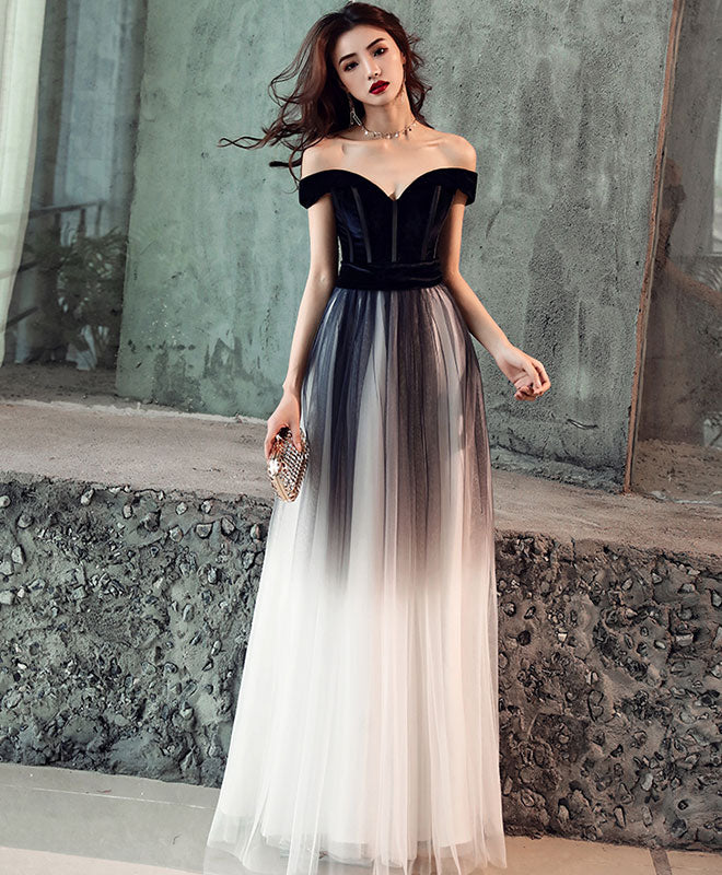 Simple Tulle Off Shoulder Black Long Prom Dress, Black Tulle Evening Dress