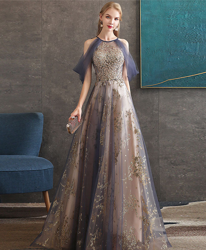 Gray Blue High Neck Tulle Lace Long Prom Dress Gray Tulle Formal Dress