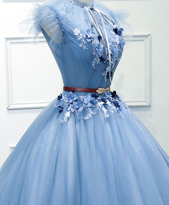Blue High Neck Tulle Blue Long Prom Dress, Blue Evening Dress
