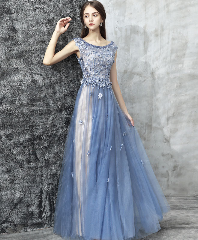 Blue Lace Applique Beads Tulle Long Prom Dress, Lace Evening Dress