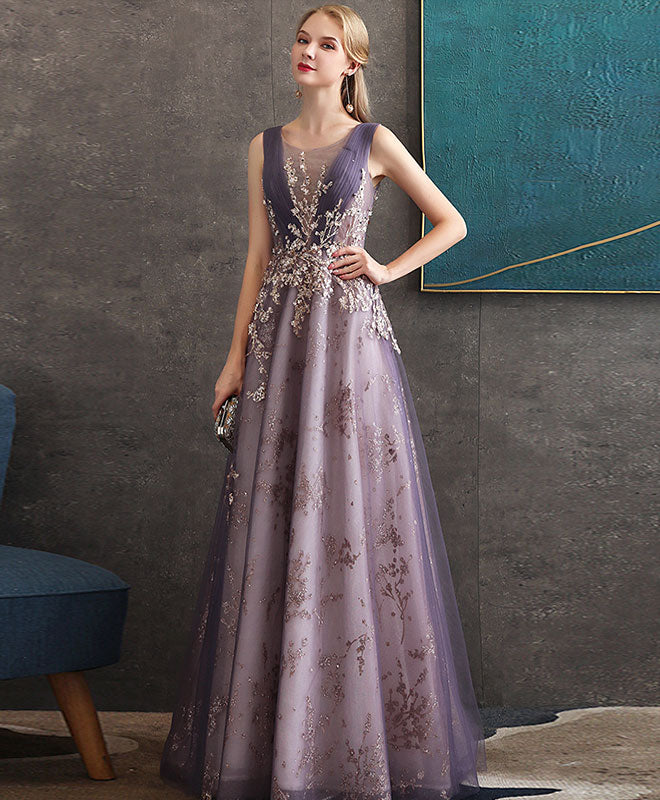 Purple Round Neck Tulle Lace Long Prom Dress Purple Evening Dress