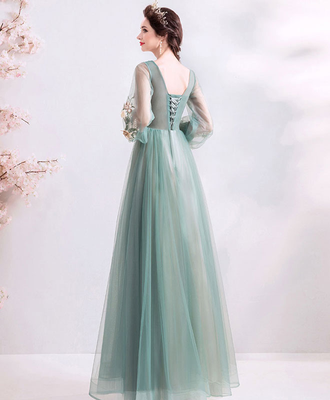 Green Round Neck Tulle Lace Long Prom Dress, Green Bridesmaid Dress