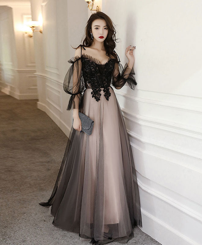 Black Tulle A Line Lace Long Prom Dress Tulle Lace Formal Dress