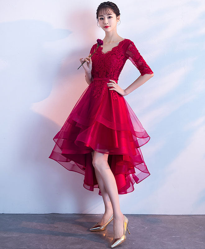 red short front long back prom dress Lace Embroidery Sweetheart Satin Prom Dresses Front Short Long Back