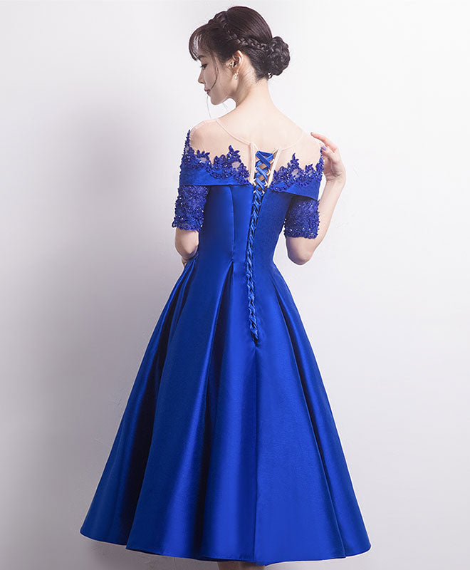 Blue Round Neck Satin Lace Prom Dress, Blue Bridesmaid Dress
