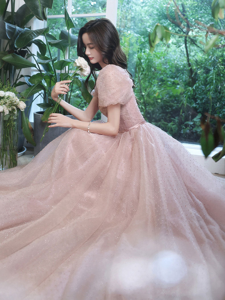 Pink A line Tulle Long Prom Dress. Pink Lace Bridesmaid Dress Custom Size / Custom Color Pink A line Tulle Long Prom Dress. Pink Lace Bridesmaid Dress Custom Size / Custom Color