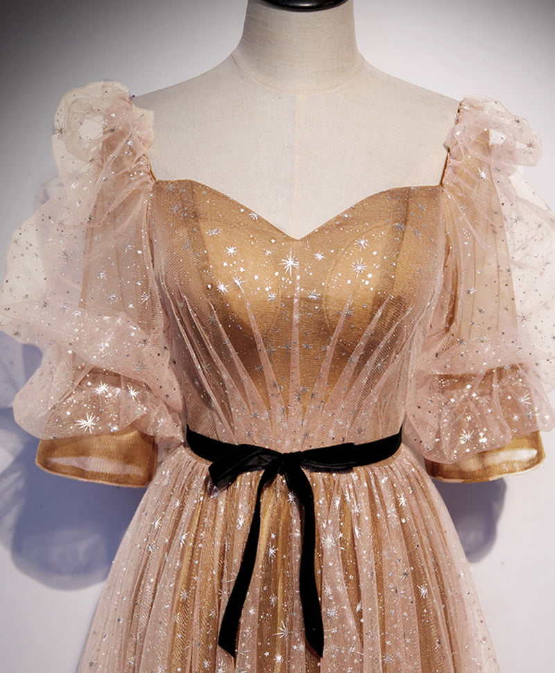 Gold Tulle Long Prom Dress, A line Gold Formal Graduation Party Dress shopluu Gold Tulle Long Prom Dress, A line Gold Formal Graduation Party Dress shopluu