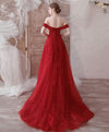 Burgundy Tulle Lace Off Shoulder Tulle Long Prom Dress Evening Dress