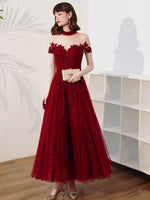 Burgundy Tulle Lace Tea Length Prom Dress, Burgundy Evening Dress