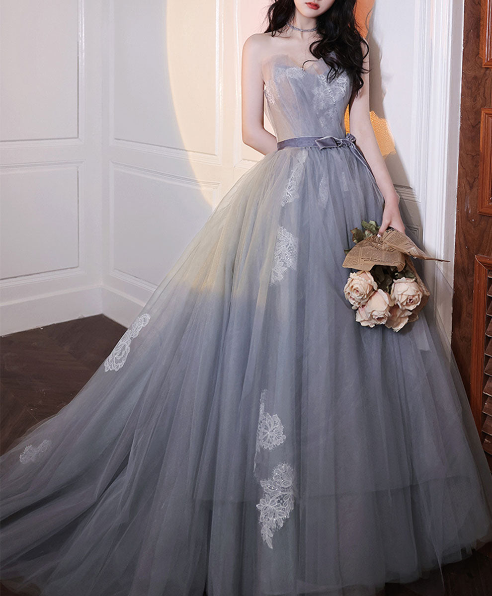 Gray Tulle Lace Long Prom Dress Gray Tulle Formal Dress