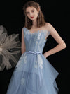 Blue Tulle Lace Tea Length Prom Dress, Lace Tulle Formal Dress