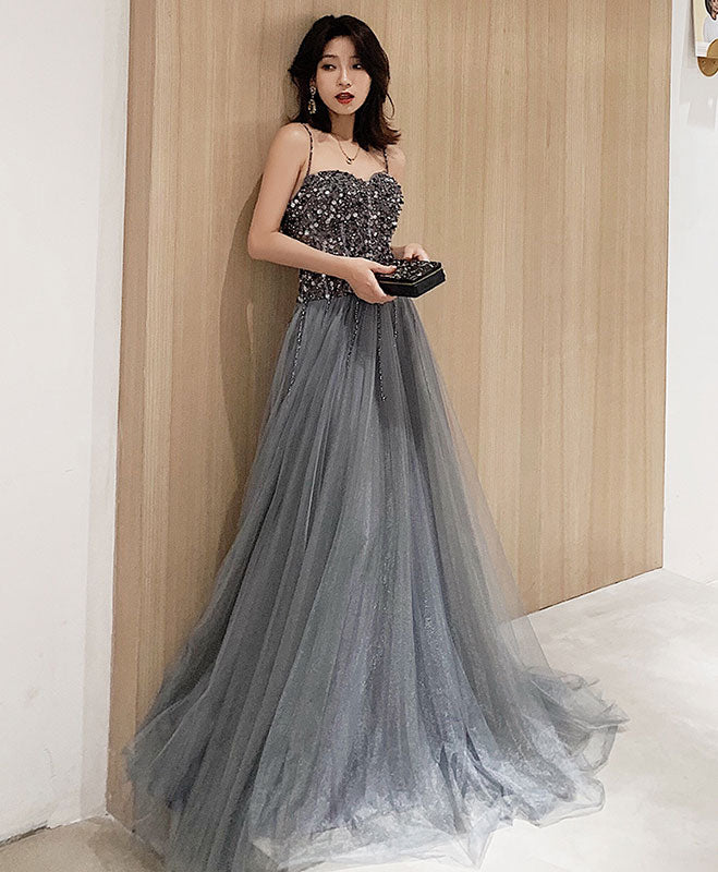 Gray Tulle Sequin Long Prom Dress Gray Tulle Formal Dress