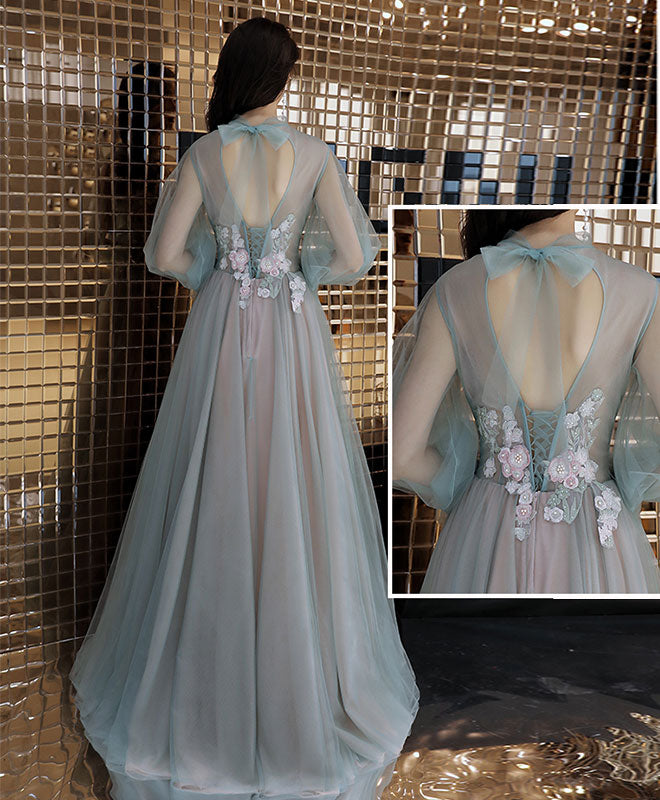 Green Tulle Lace Long Prom Dress, Green Tulle Evening Dress
