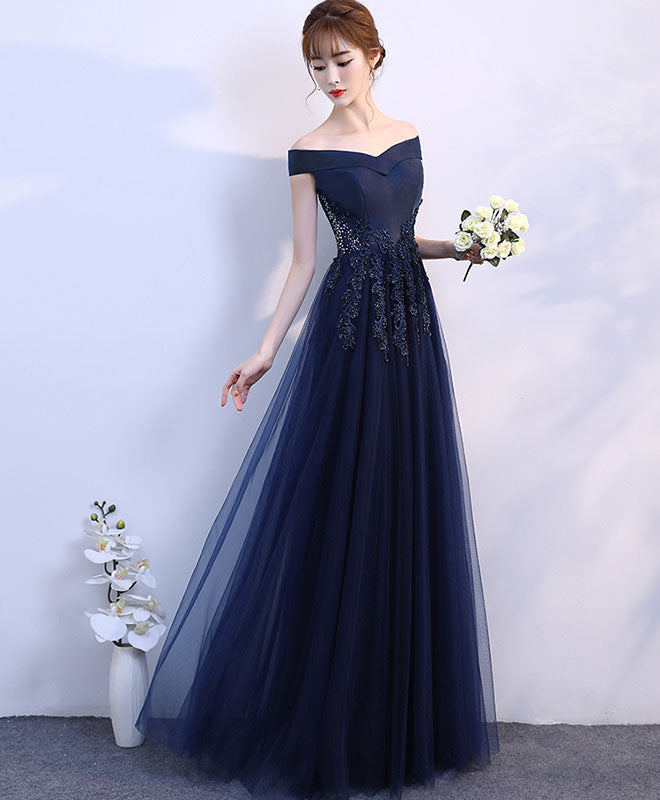 Simple Blue Off Shoulder Long Prom Dress, Blue Bridesmaid Dress – shopluu