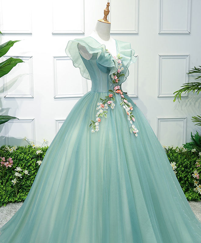 Green Off Shoulder Tulle Green Long Prom Dress, Green Lace Long Sweet –  toptby