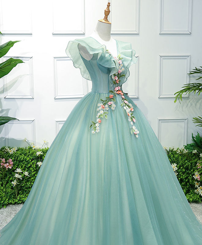 Green V Neck Tulle Long Prom Dress, Green Evening Dress US 8 / Green Green V Neck Tulle Long Prom Dress, Green Evening Dress US 8 / Green