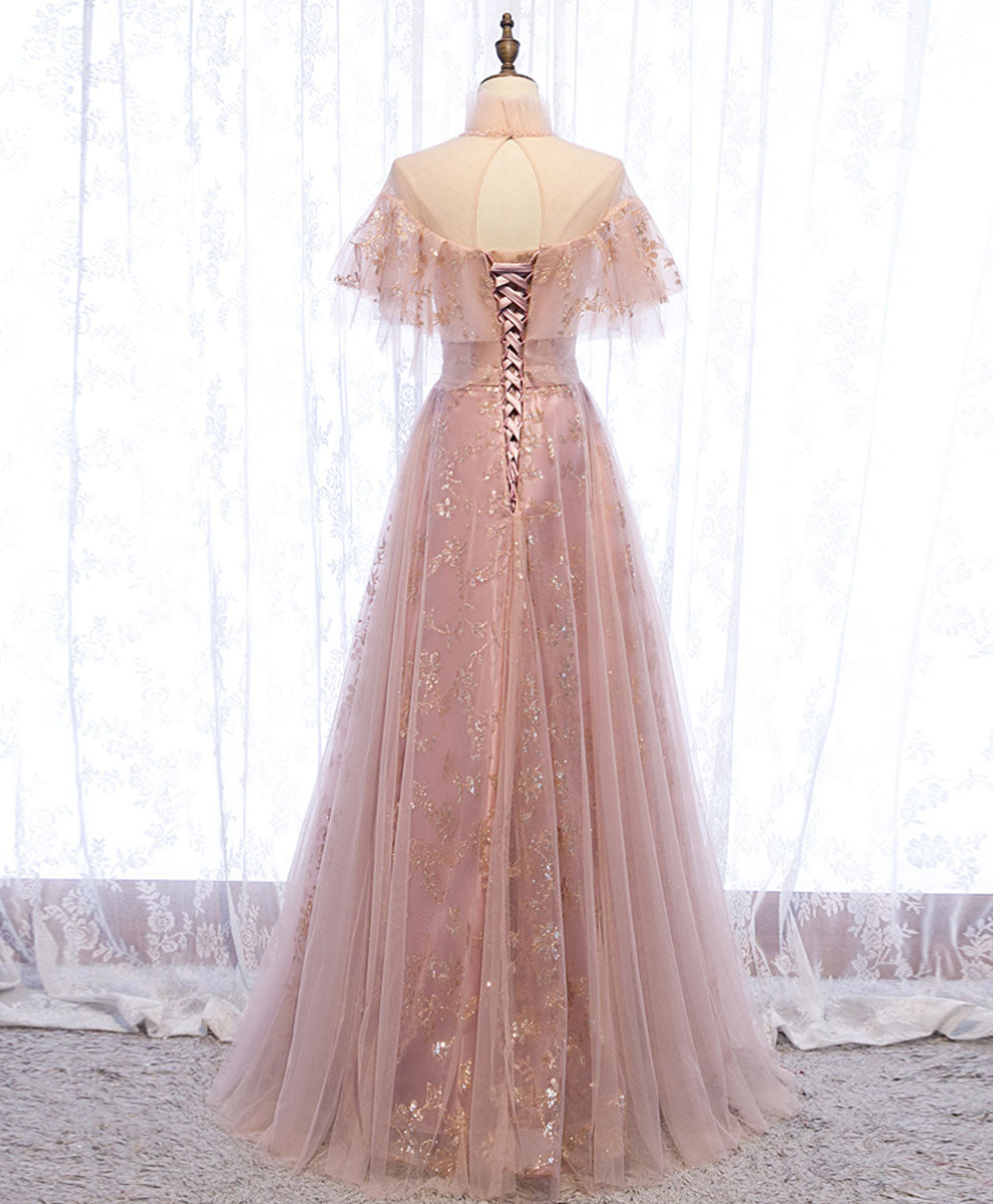 Pink Tulle Lace Long Prom Dress Pink Tulle Formal Dress