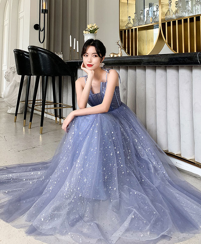 Blue Tulle Long Prom Dress, Blue Tulle Formal Dress