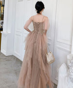 Champagne Tulle Lace Long Prom Dress Tulle Lace Evening Dress