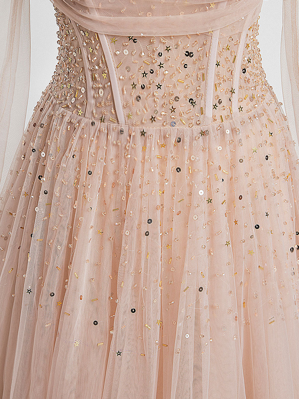 Champagne Pink Tulle Beads Long Prom Dress Champagne Evening Dress