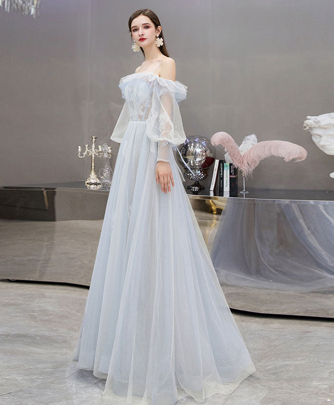Blue Tulle Lace Long Prom Dress Blue Lace Evening Dress