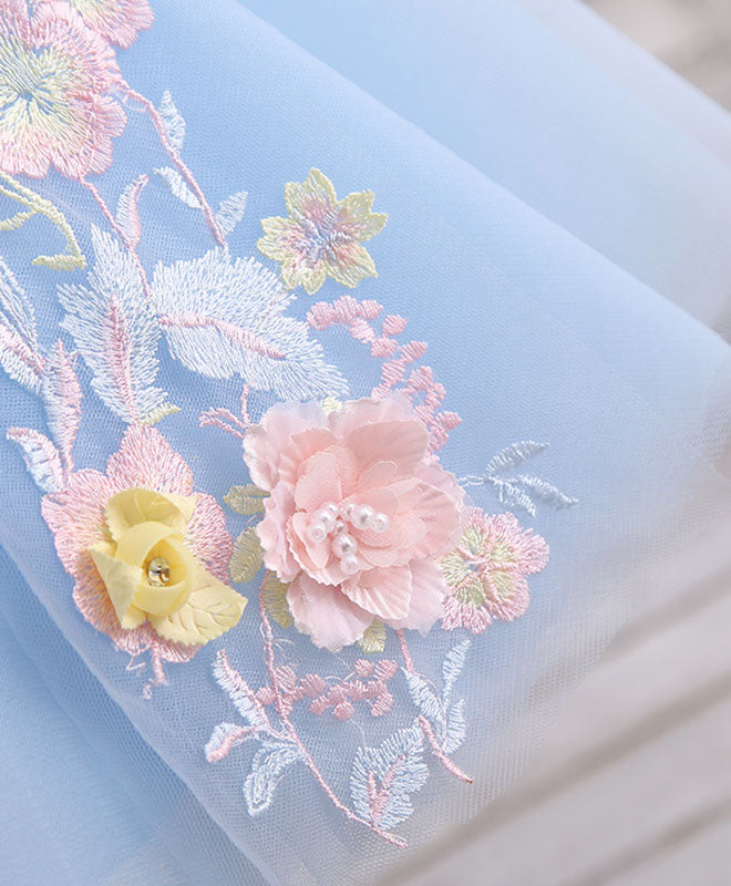 Blue Round Neck Tulle Lace Applique Flower Girl Dress