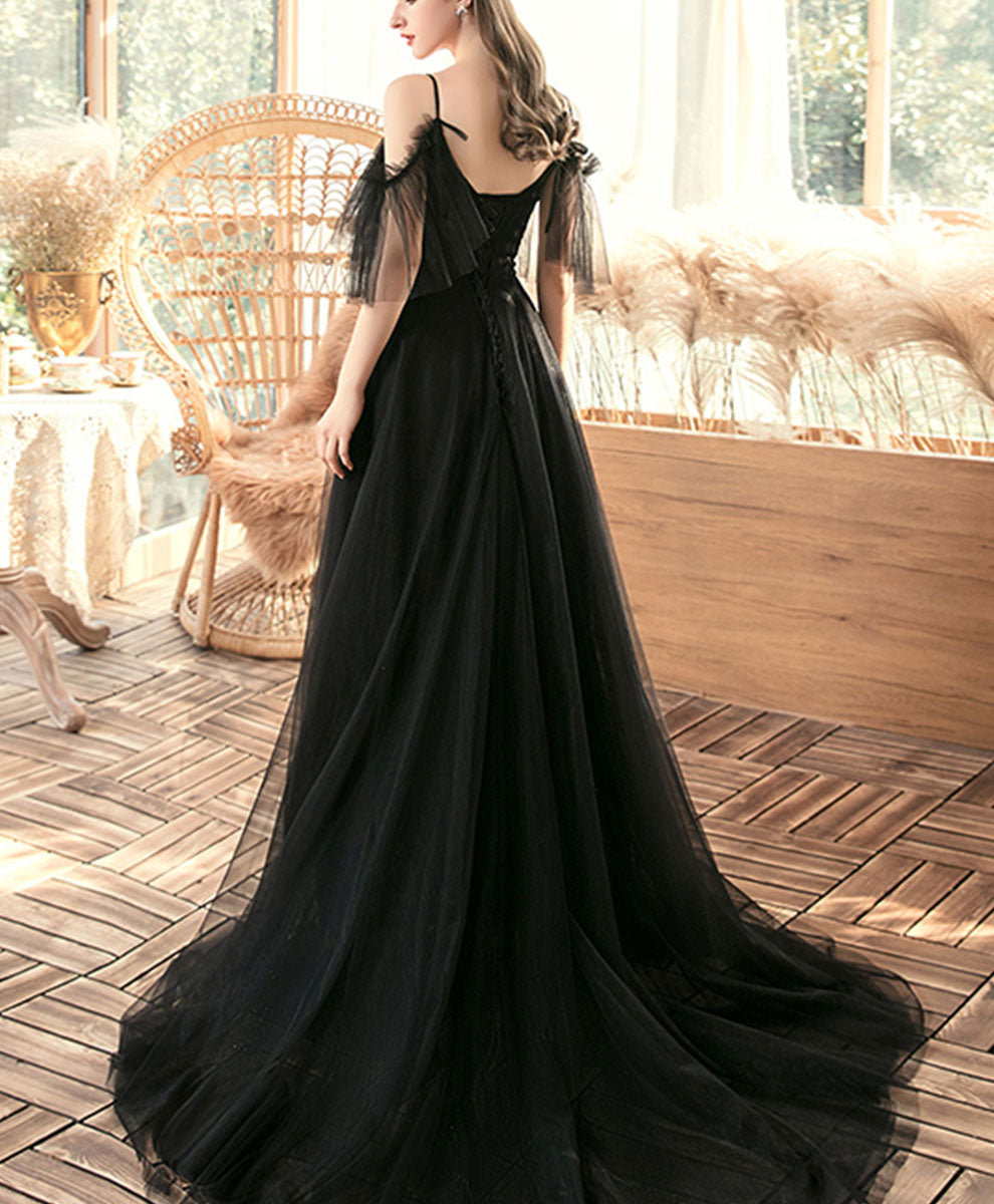 Black V Neck Tulle Lace Long Prom Dress Black Evening Dress