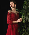 Burgundy Round Neck Tulle Lace Prom Dress, Burgundy Evening Dress