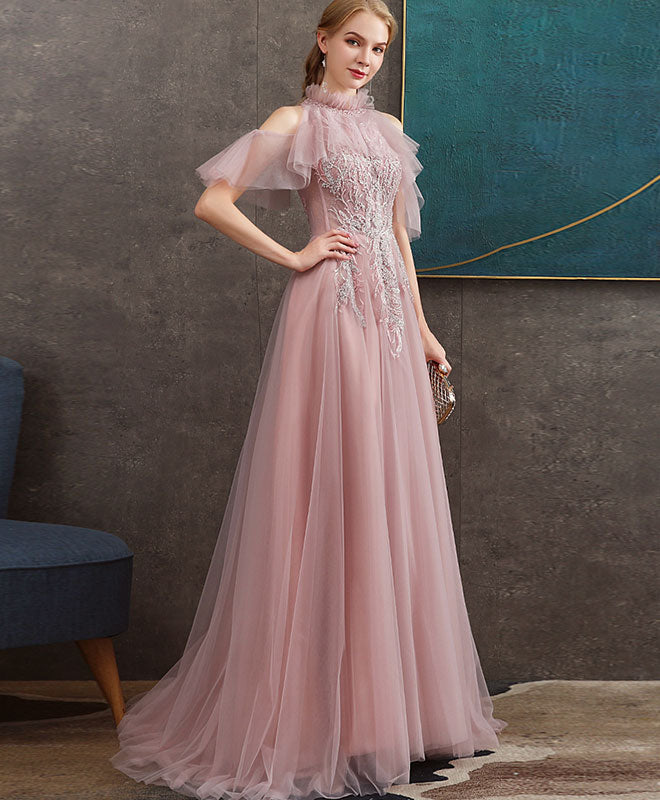 Pink Tulle Lace Long Prom Dress Pink Tulle Formal Graduation Dress with Beading