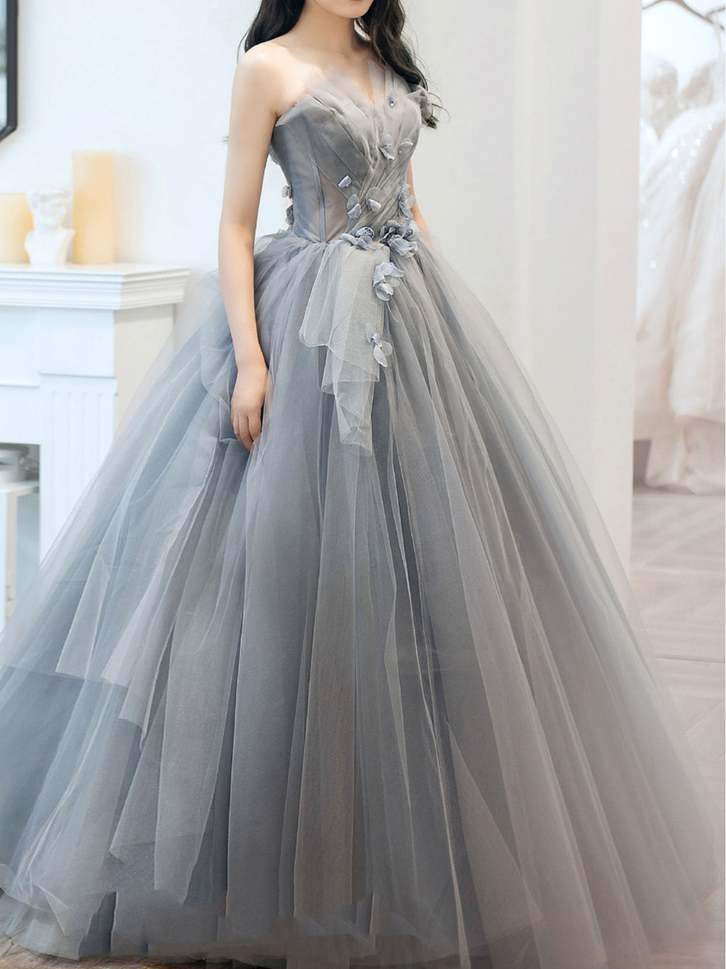 Gray Long Prom Dress, Gray Tulle Ball Gown Formal Dresses Custom Size / Custom Color Gray Long Prom Dress, Gray Tulle Ball Gown Formal Dresses Custom Size / Custom Color