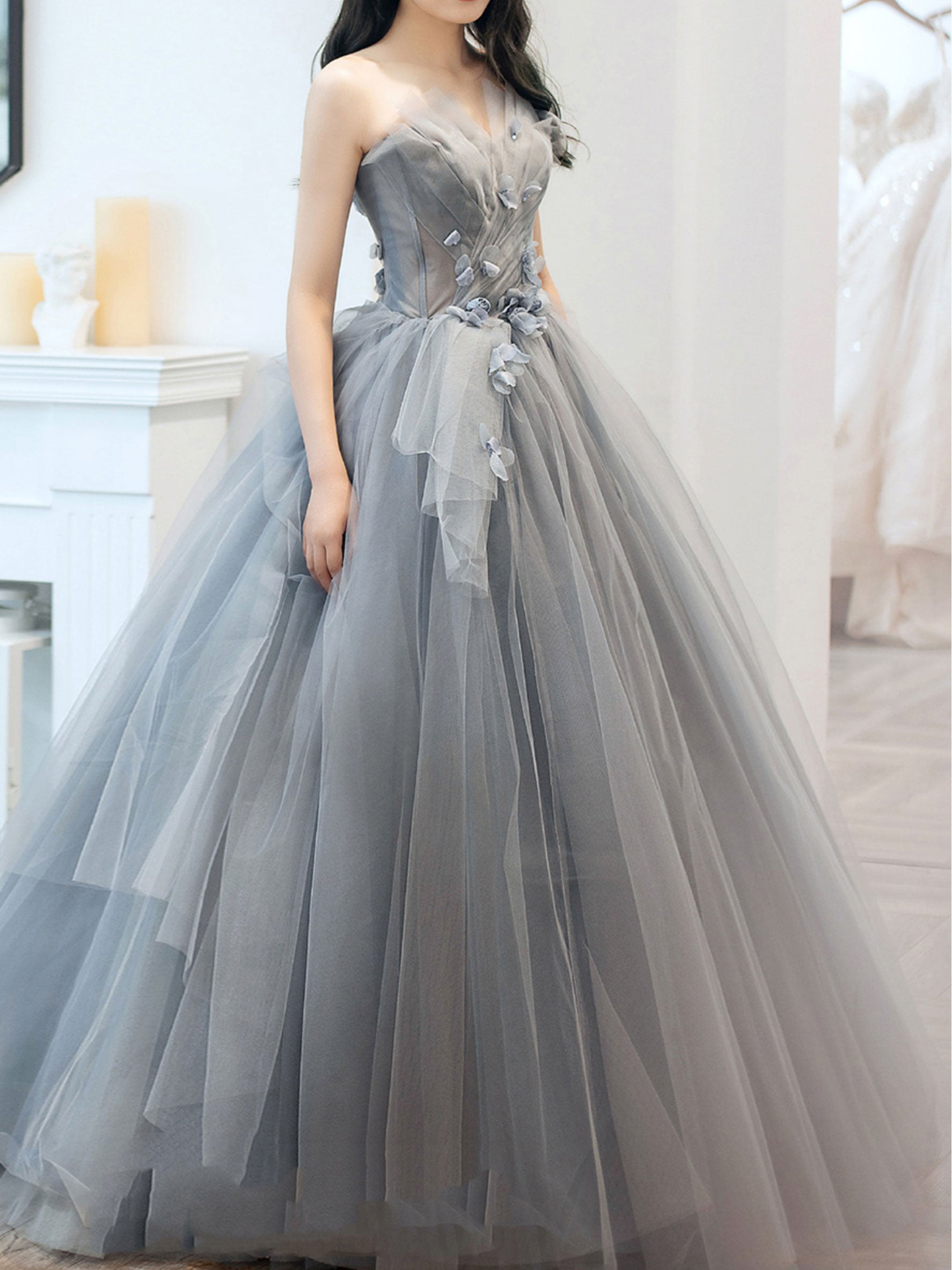 Gray Long Prom Dress, Gray Tulle Ball Gown Formal Dresses Custom Size / Custom Color Gray Long Prom Dress, Gray Tulle Ball Gown Formal Dresses Custom Size / Custom Color