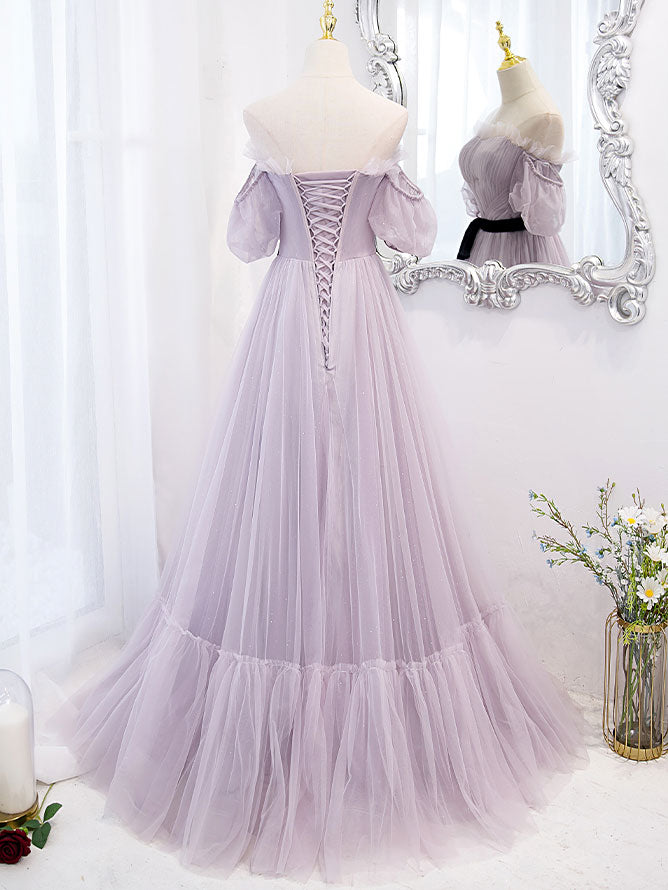 Purple tulle A line long prom dress, purple bridesmaid dress
