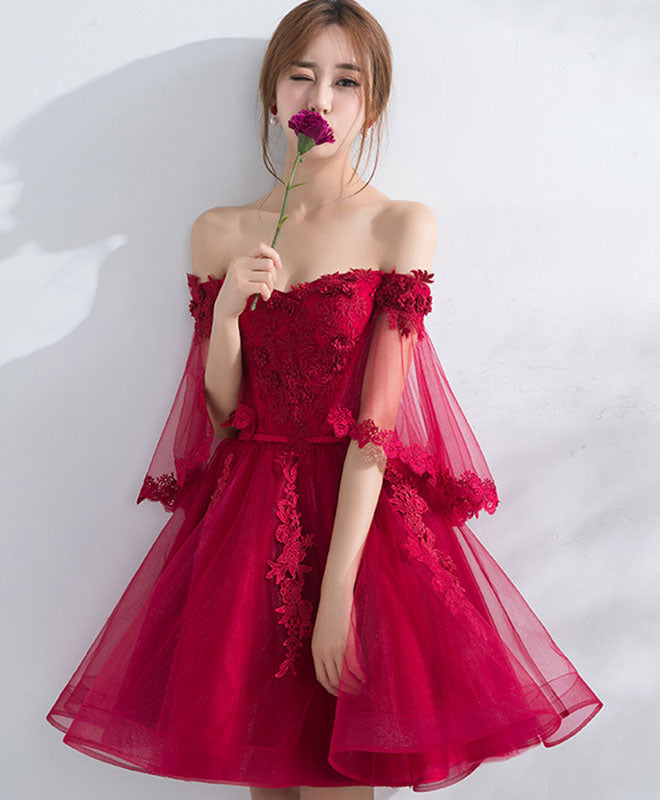 Burgundy Off Shoulder Tulle Lace Short Prom Dress, Burgundy Homecoming Dress